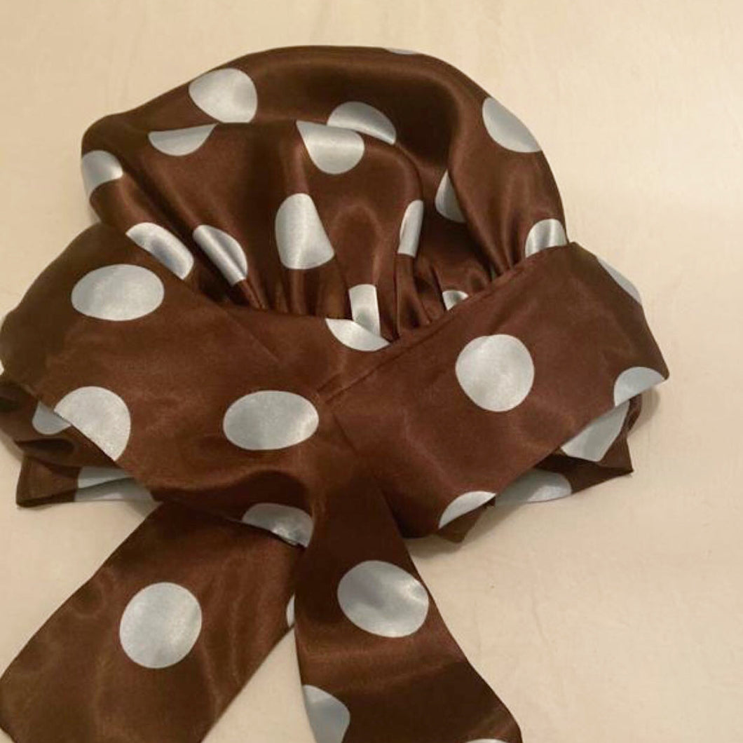 Brown & Blue - Polka Dot Bonnet and Tie Set